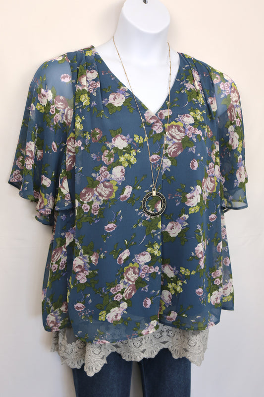 Teal Chiffon Floral Blouse