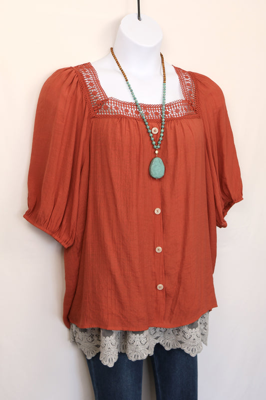Rust Orange Square Neck Peasant Blouse
