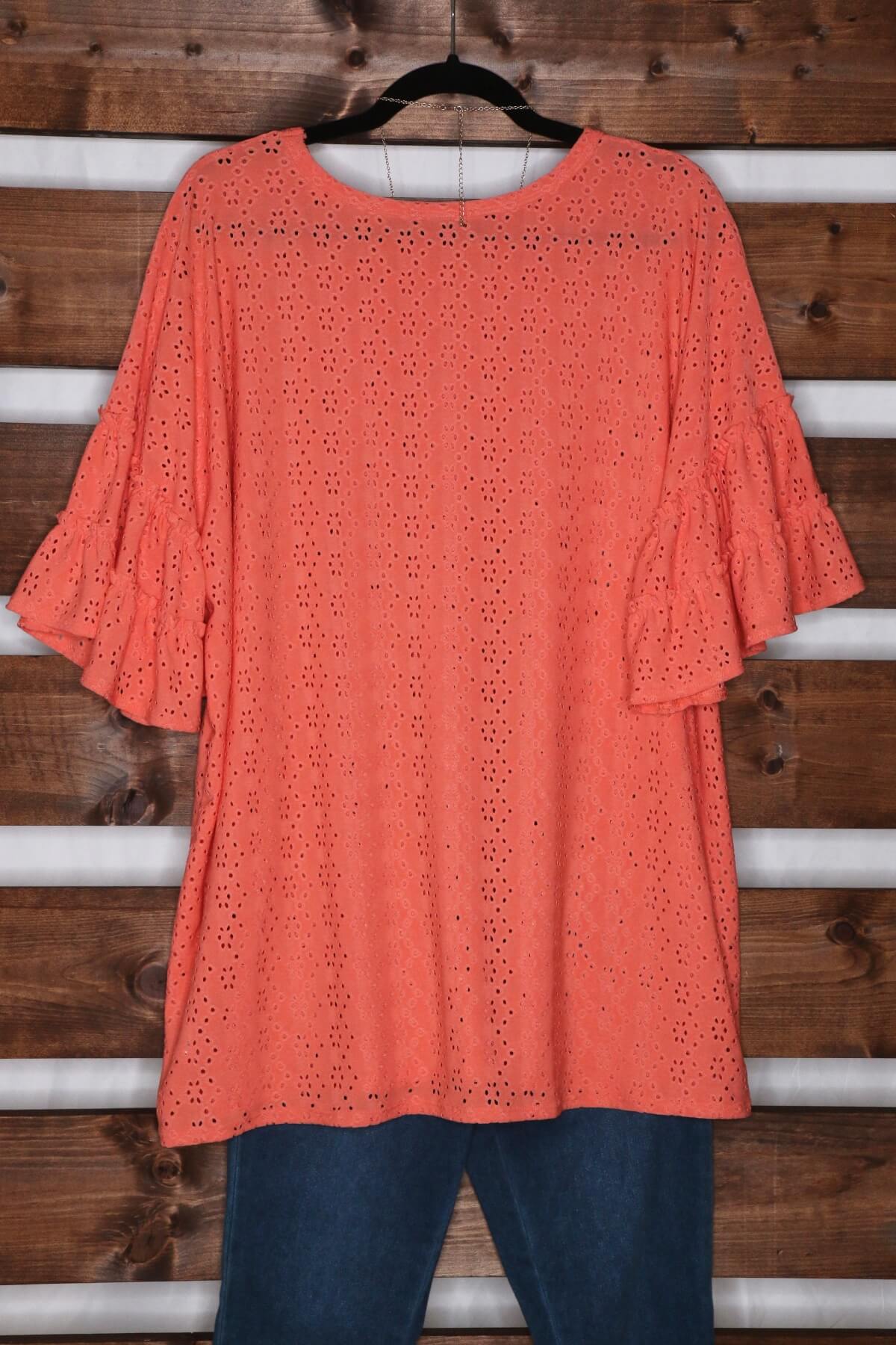 Coral Blouse with Ruffled Sleeves