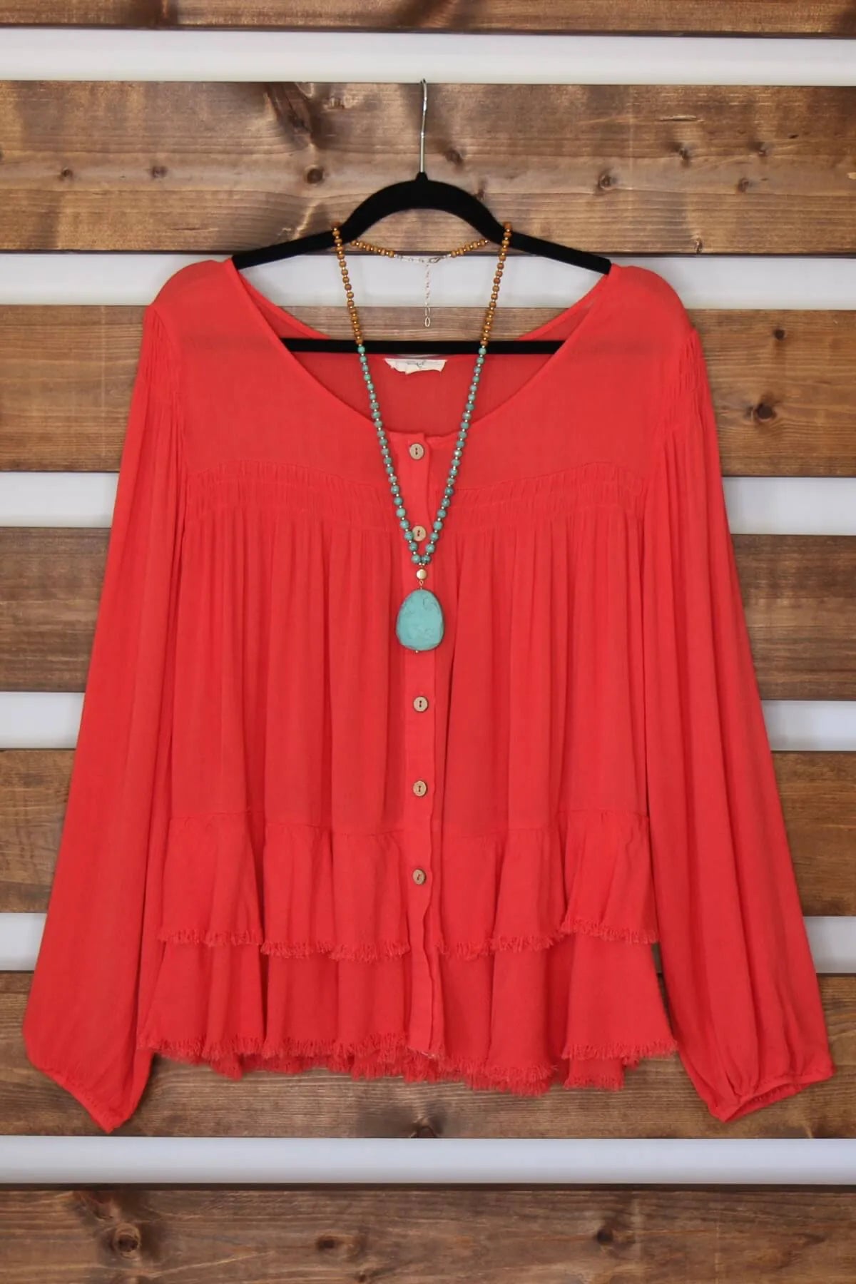 Deep Coral Tiered Button Down Blouse