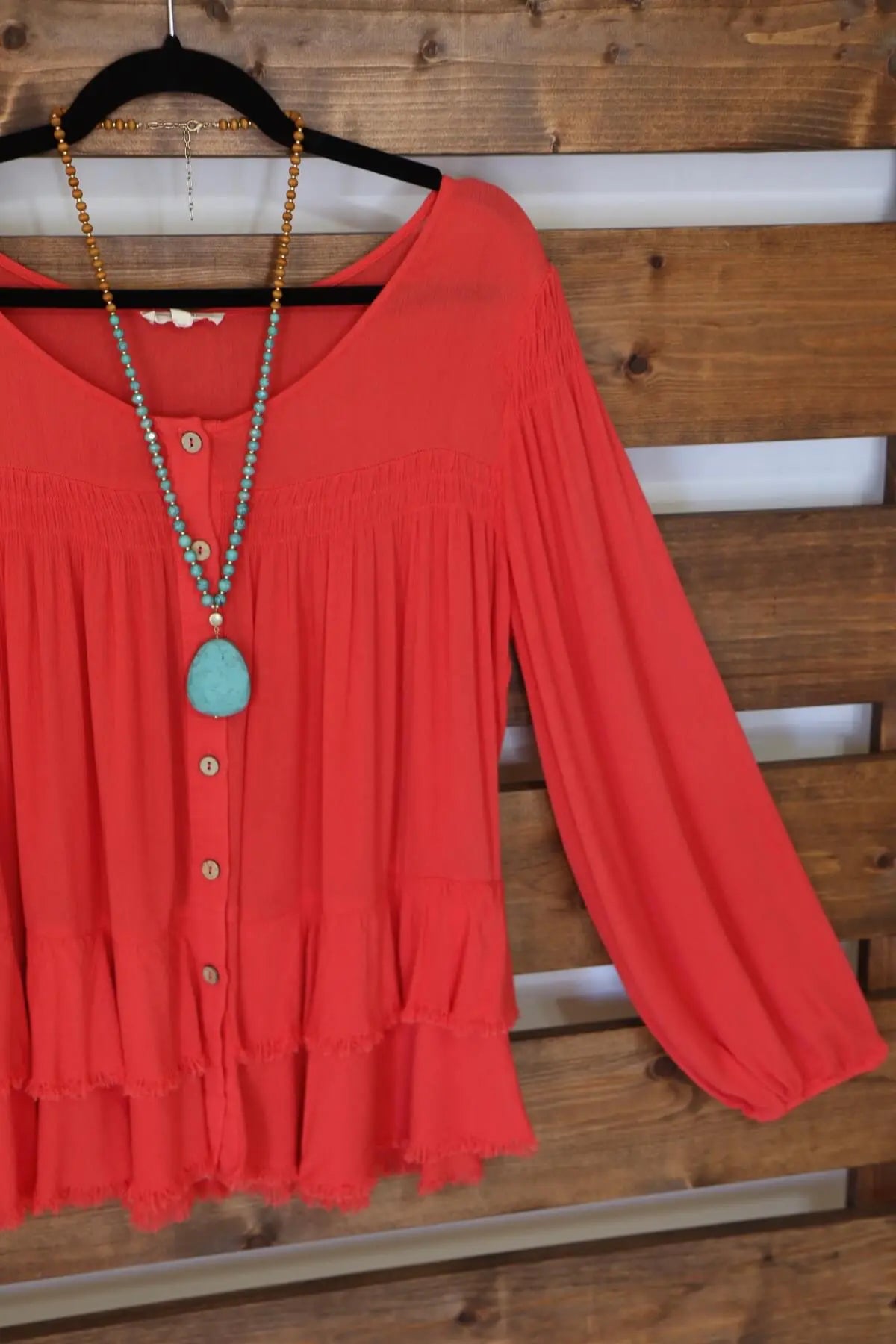 Deep Coral Tiered Button Down Blouse