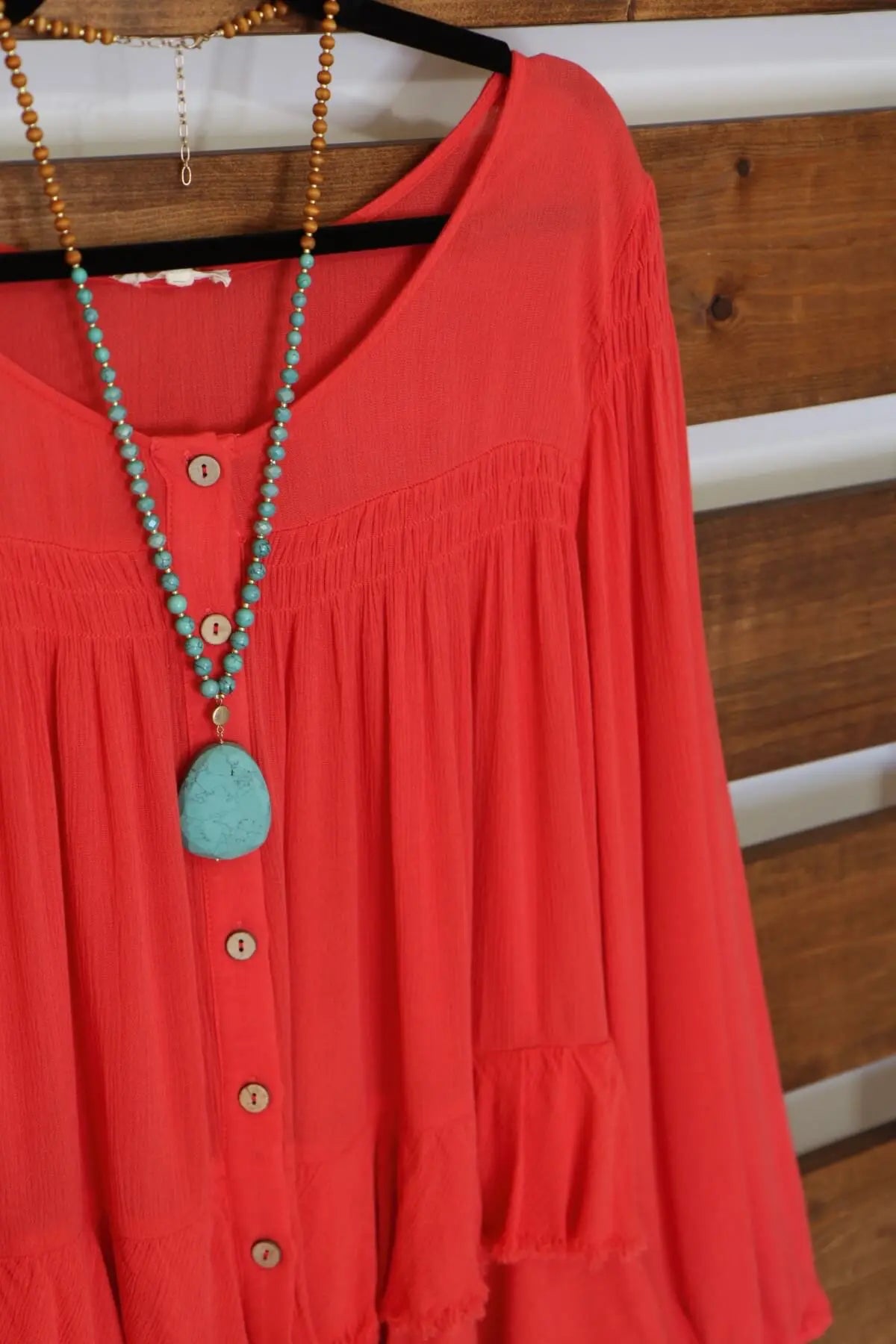 Deep Coral Tiered Button Down Blouse