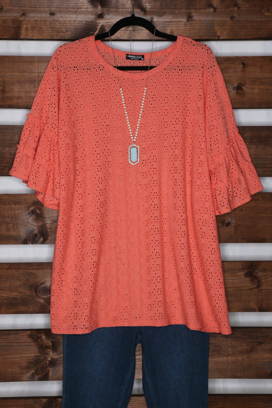 Coral Blouse with Ruffled Sleeves