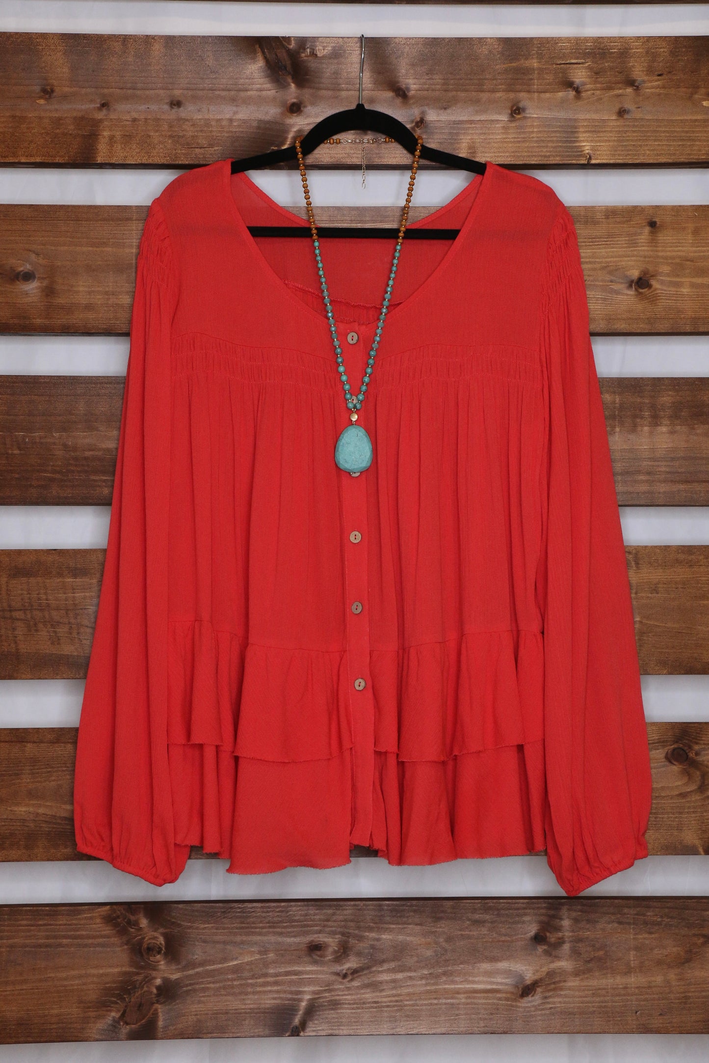 Deep Coral Tiered Button Down Blouse