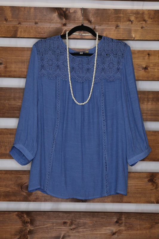 Denim Blue Blouse with Lace