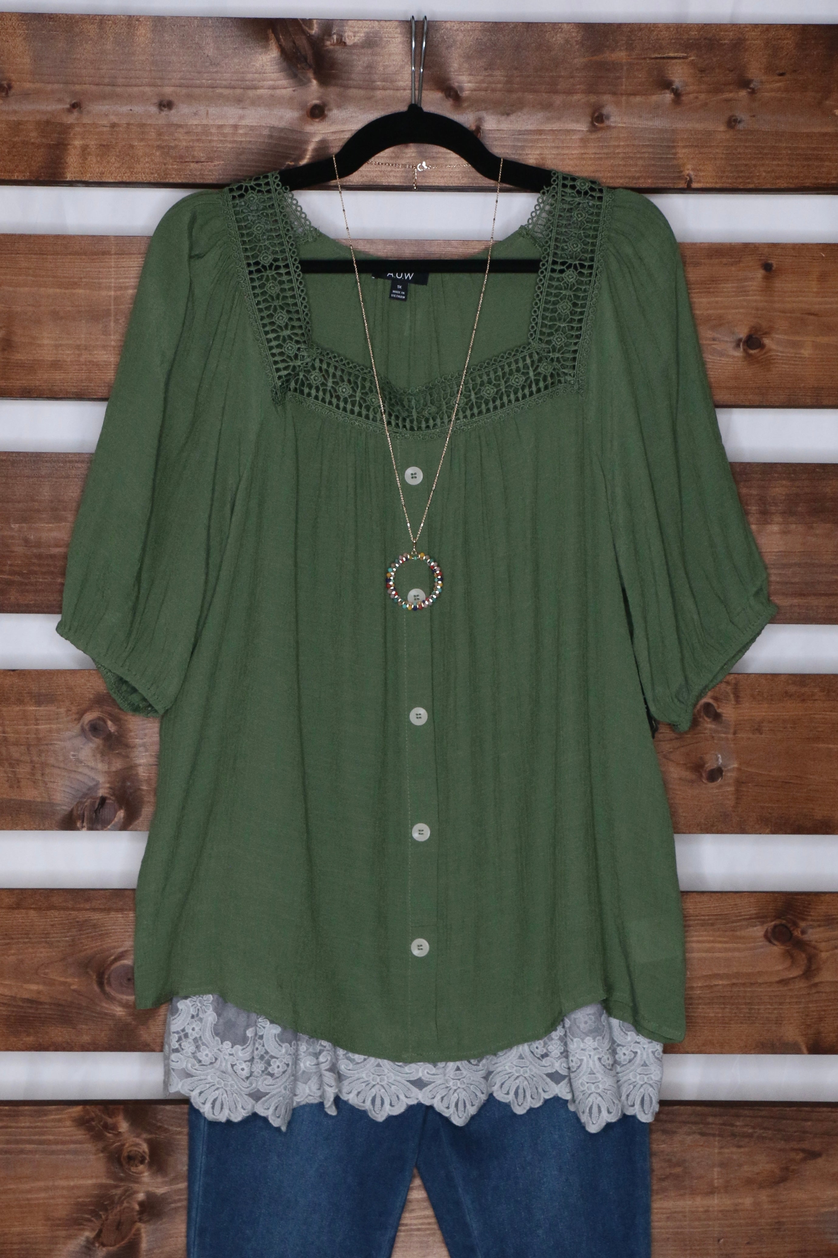 Jade Green Square Neck Peasant Blouse 1X