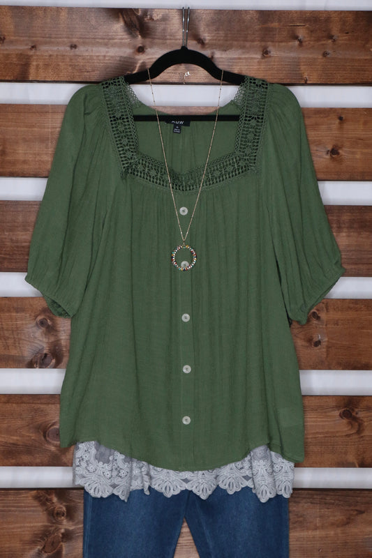 Jade Green Square Neck Peasant Blouse