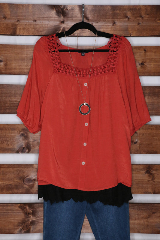 Rust Orange Square Neck Peasant Blouse