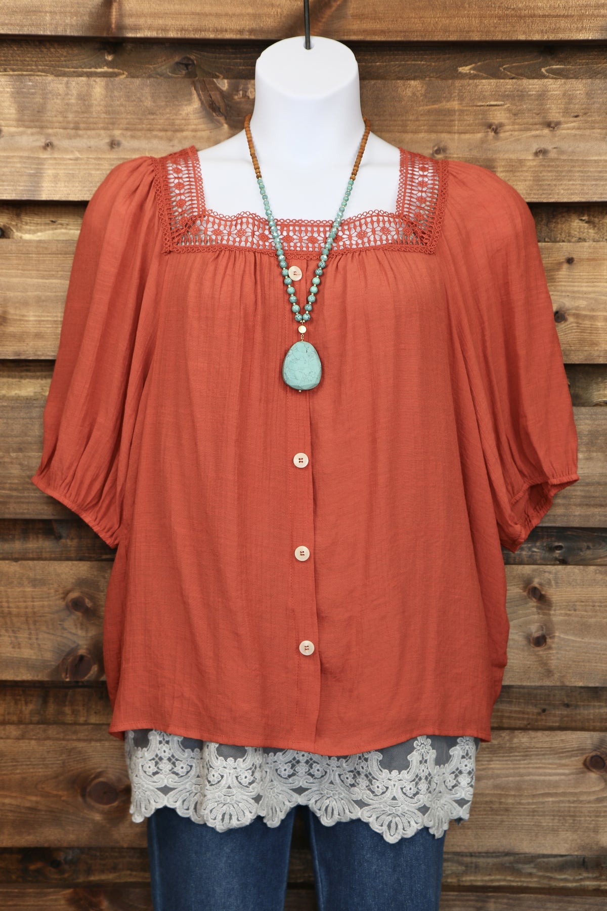 Rust Orange Square Neck Peasant Blouse