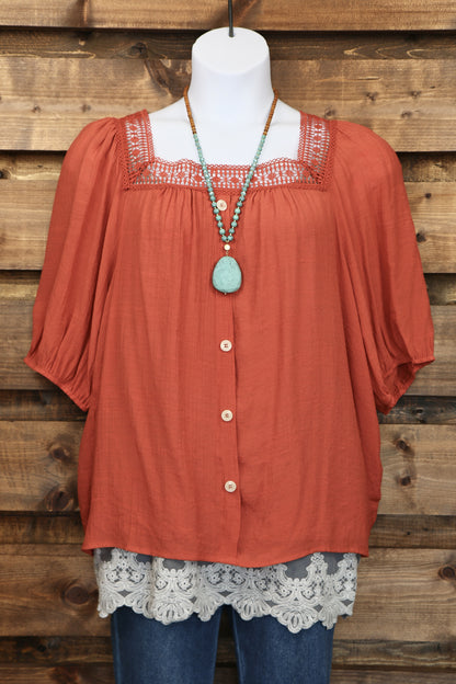 Rust Orange Square Neck Peasant Blouse