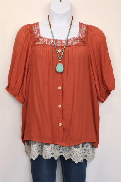 Rust Orange Square Neck Peasant Blouse