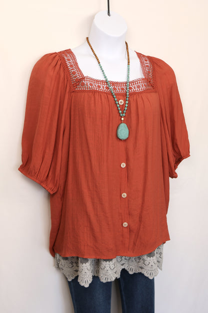 Rust Orange Square Neck Peasant Blouse