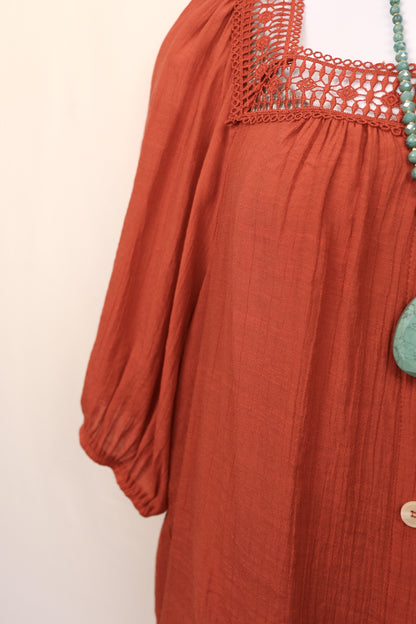 Rust Orange Square Neck Peasant Blouse