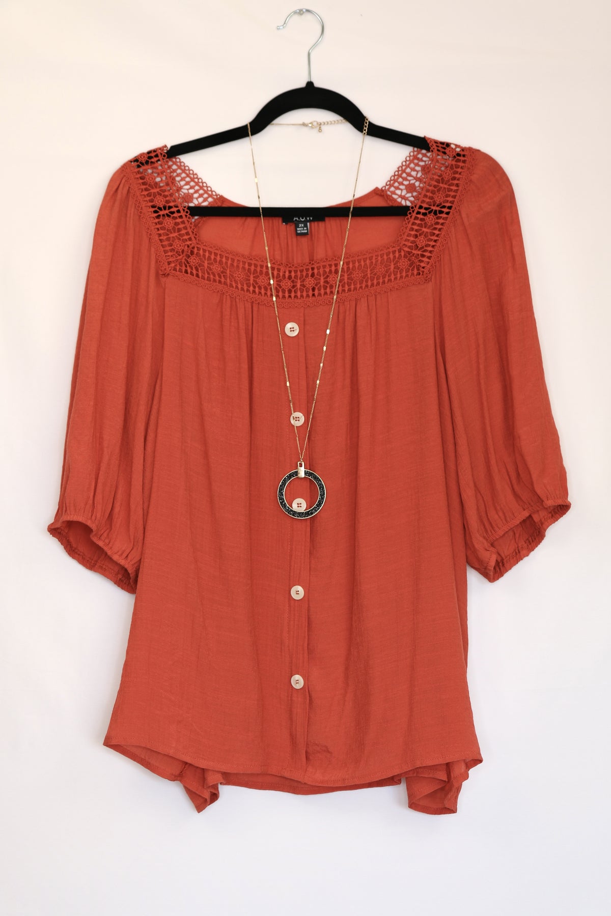 Rust Orange Square Neck Peasant Blouse