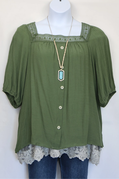 Jade Green Square Neck Peasant Blouse