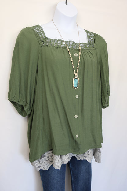 Jade Green Square Neck Peasant Blouse