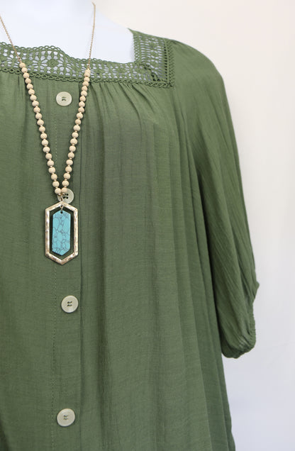 Jade Green Square Neck Peasant Blouse