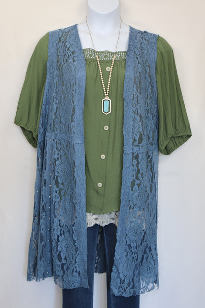 Jade Green Square Neck Peasant Blouse