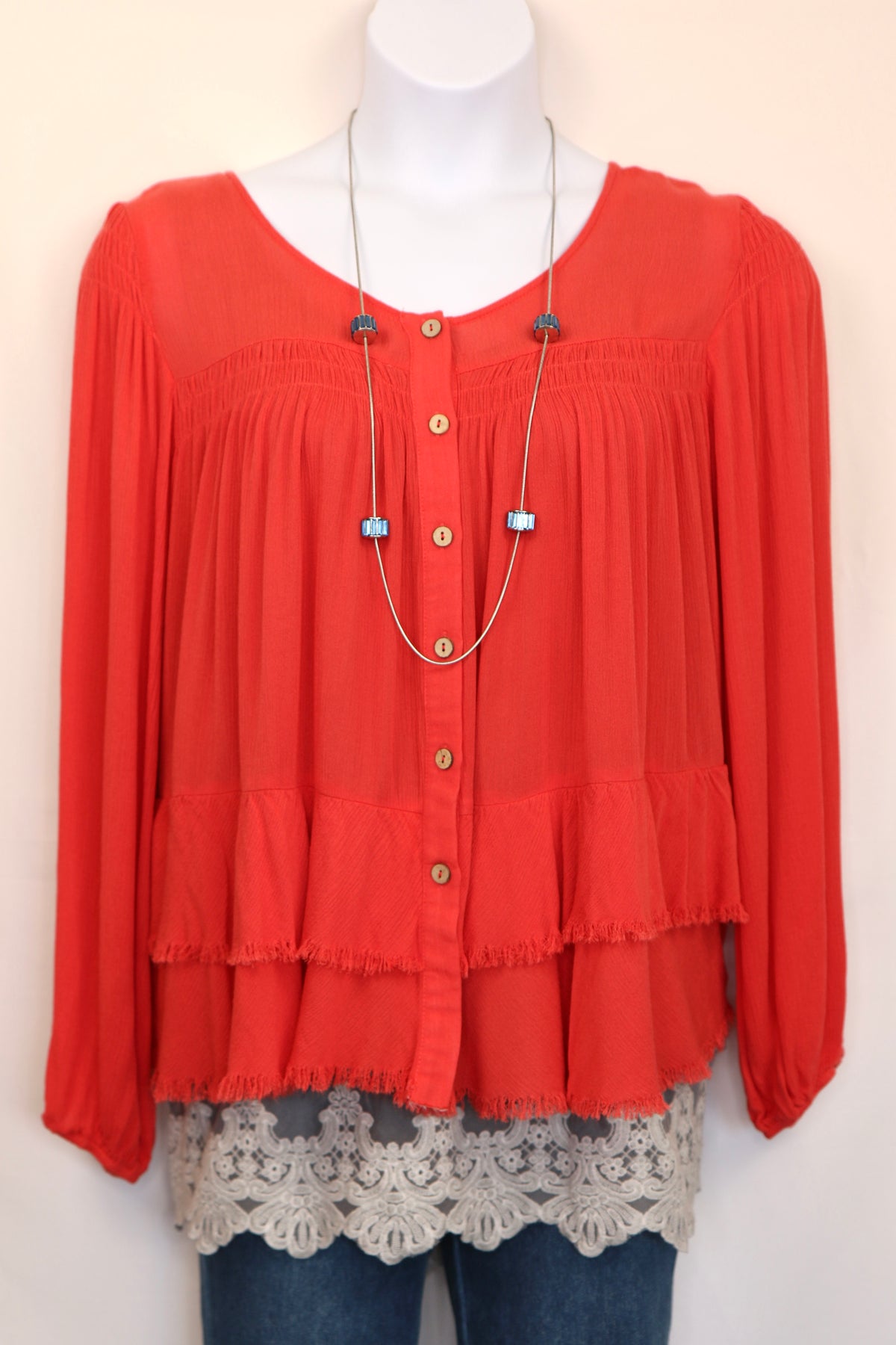 Deep Coral Tiered Button Down Blouse