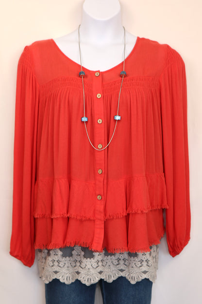 Deep Coral Tiered Button Down Blouse
