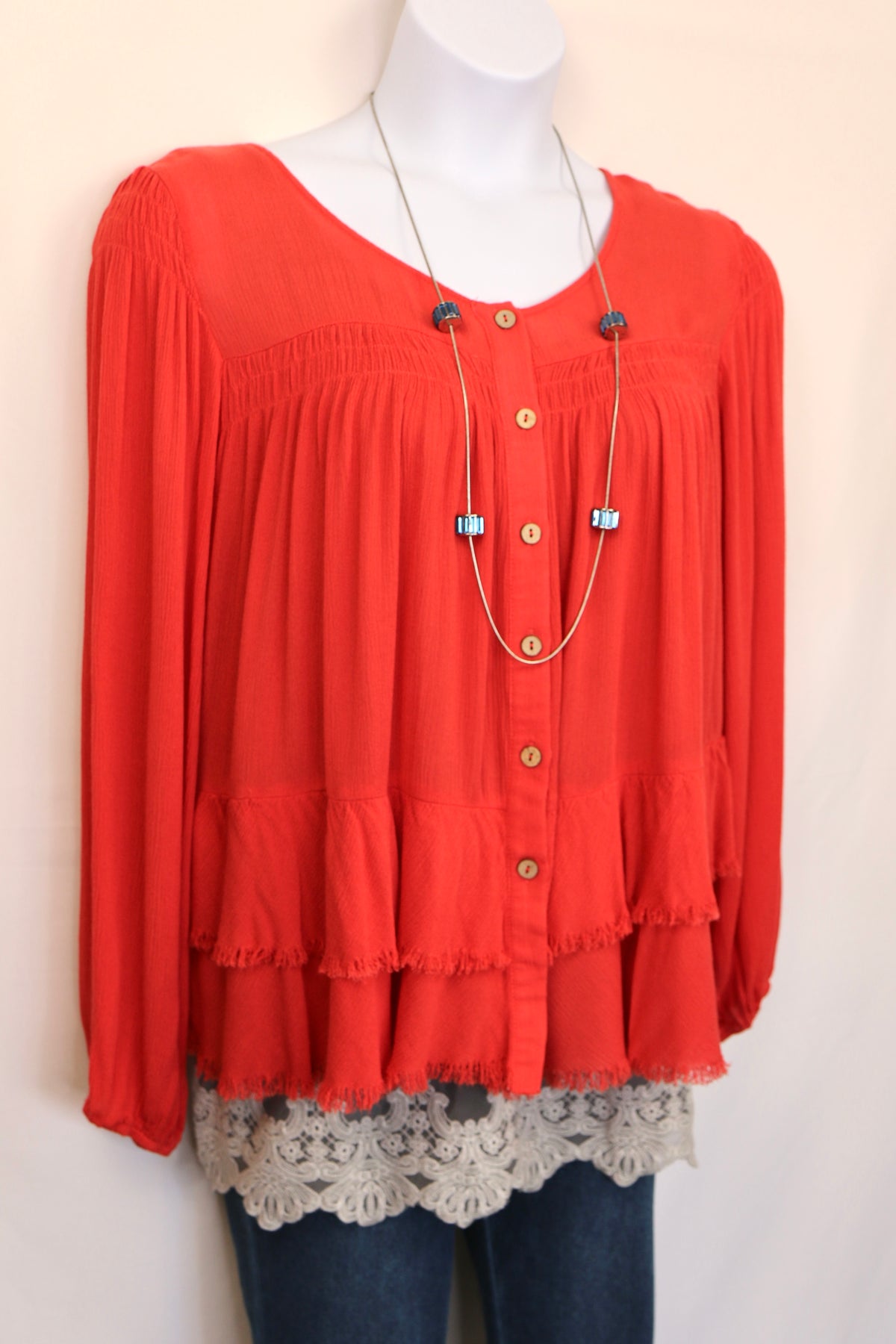 Deep Coral Tiered Button Down Blouse