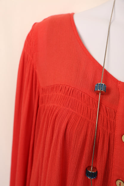 Deep Coral Tiered Button Down Blouse