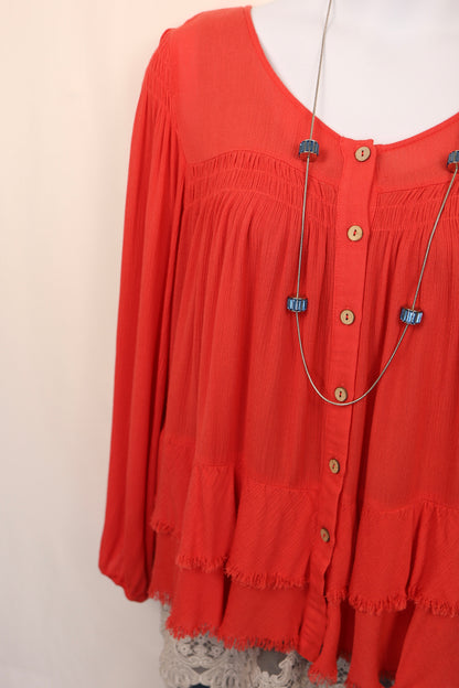Deep Coral Tiered Button Down Blouse