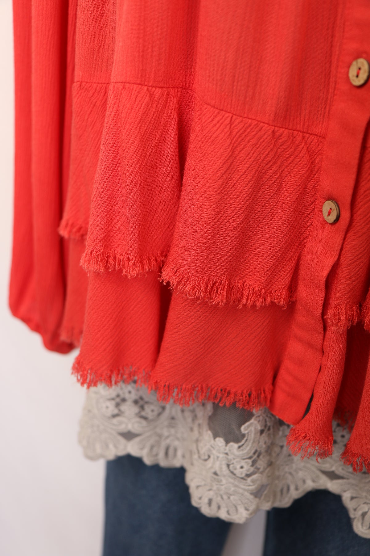 Deep Coral Tiered Button Down Blouse