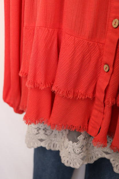 Deep Coral Tiered Button Down Blouse