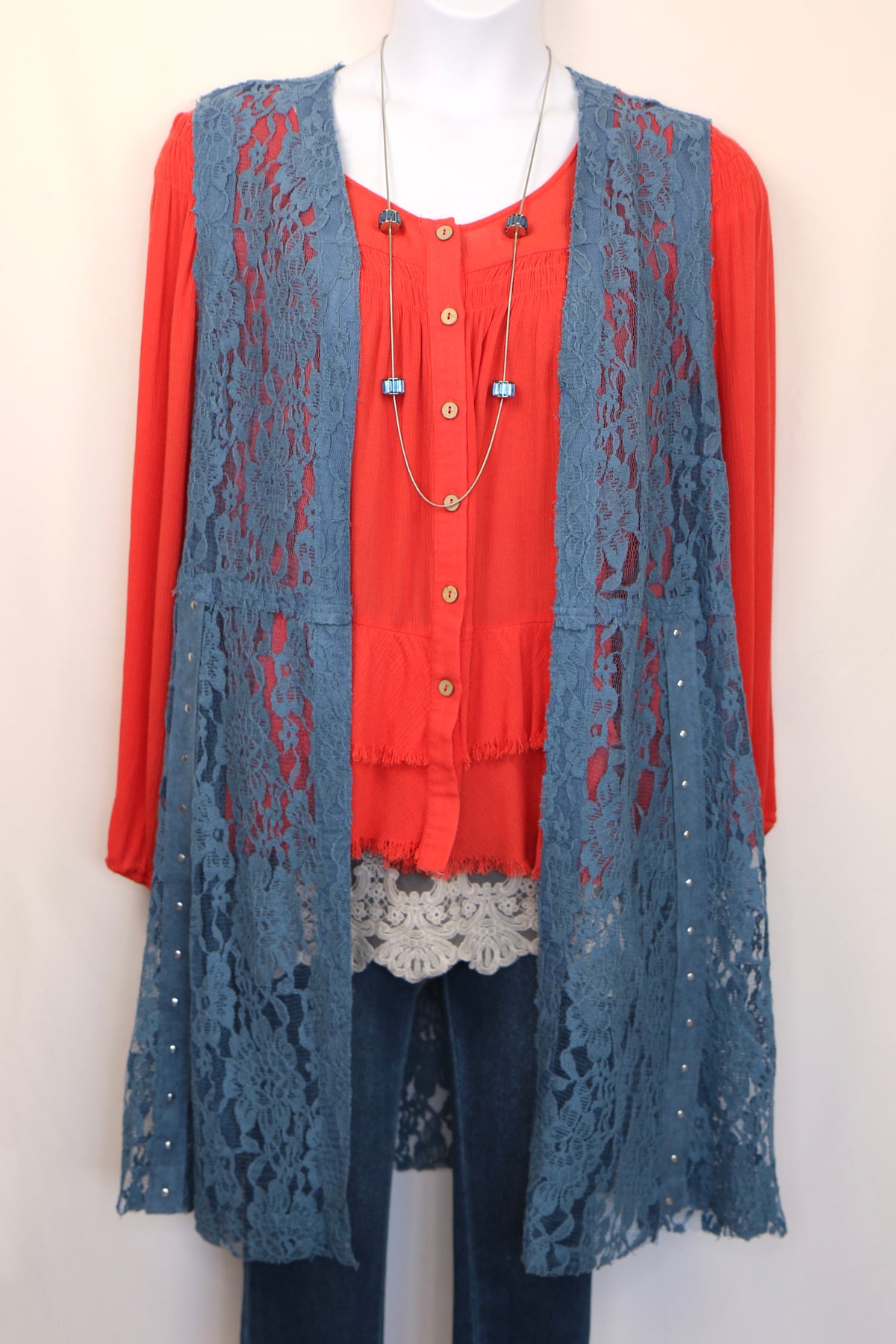 Deep Coral Tiered Button Down Blouse
