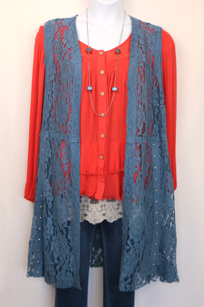 Deep Coral Tiered Button Down Blouse