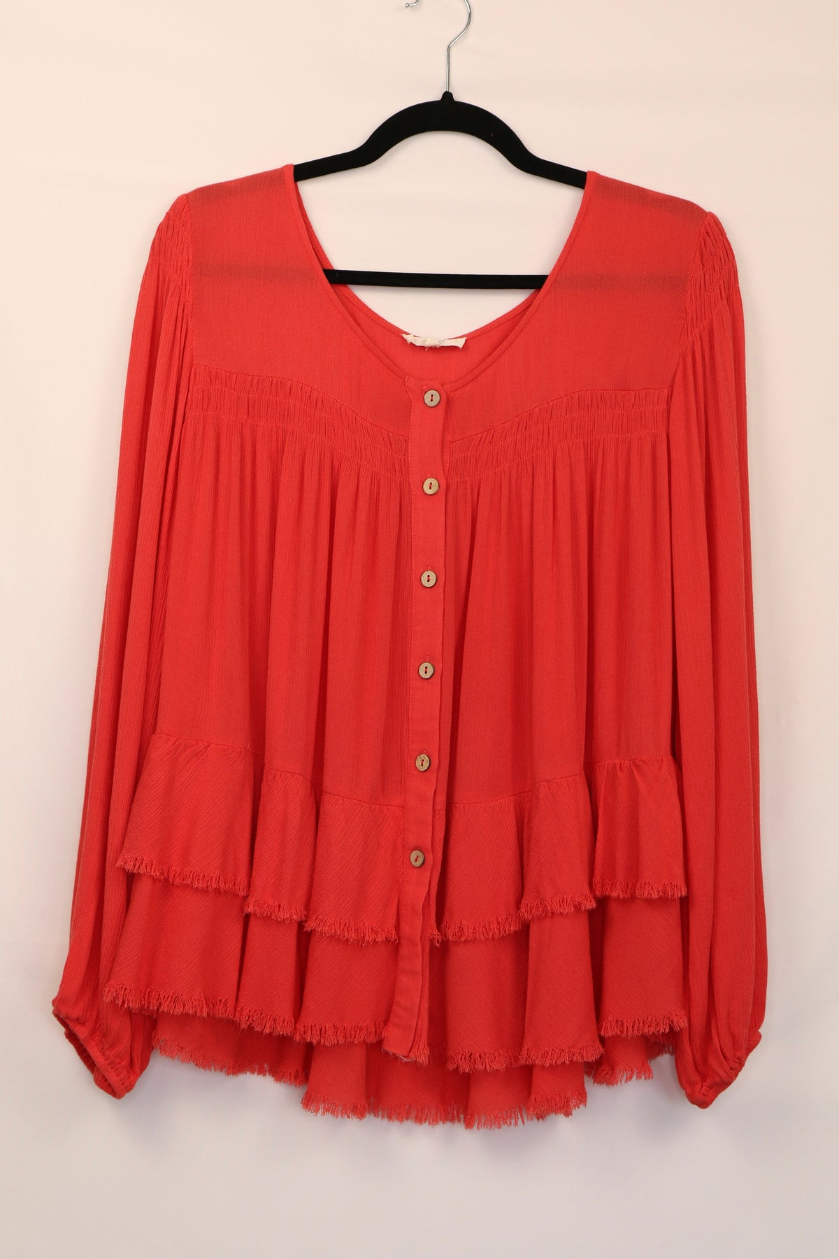 Deep Coral Tiered Button Down Blouse