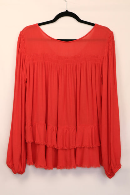 Deep Coral Tiered Button Down Blouse