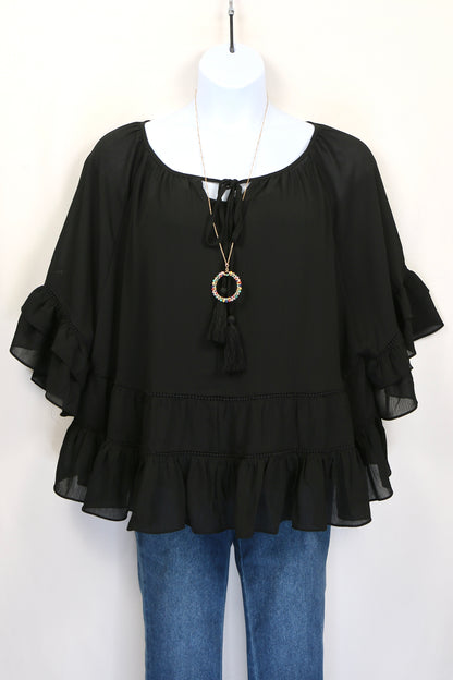 Black Tiered Ruffled Blouse with Tassels and Crochet details.