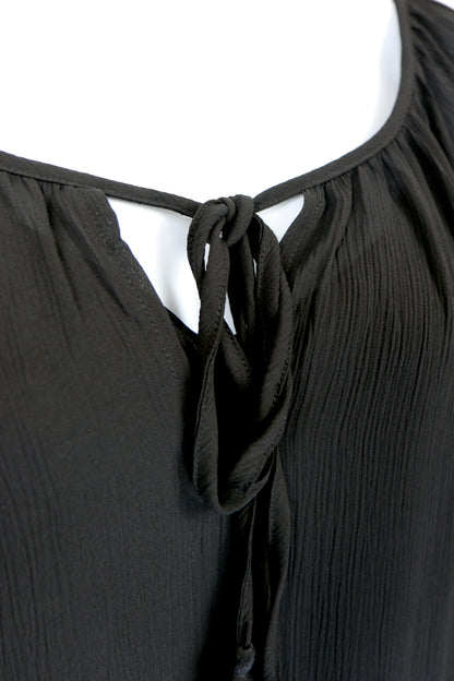 Black Tiered Ruffled Blouse with Tassels and Crochet details.