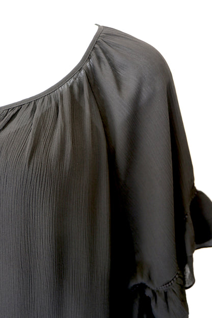 Black Tiered Ruffled Blouse with Tassels and Crochet details.