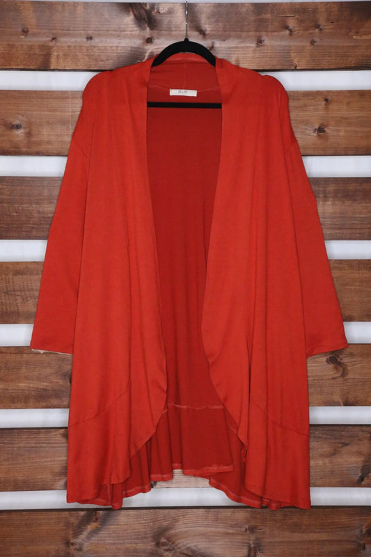 Orange Ruffle Cardigan with 3/4 Sleeve and Pockets