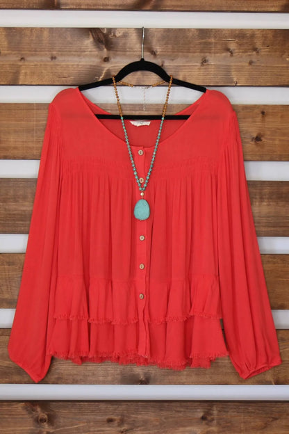 Deep Coral Tiered Button Down Blouse