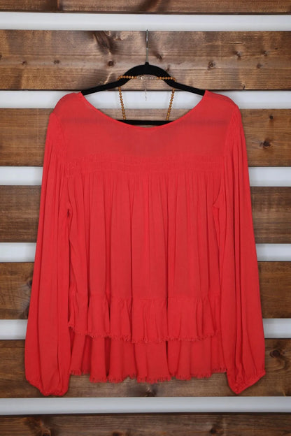 Deep Coral Tiered Button Down Blouse