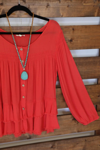 Deep Coral Tiered Button Down Blouse