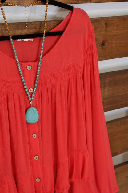 Deep Coral Tiered Button Down Blouse