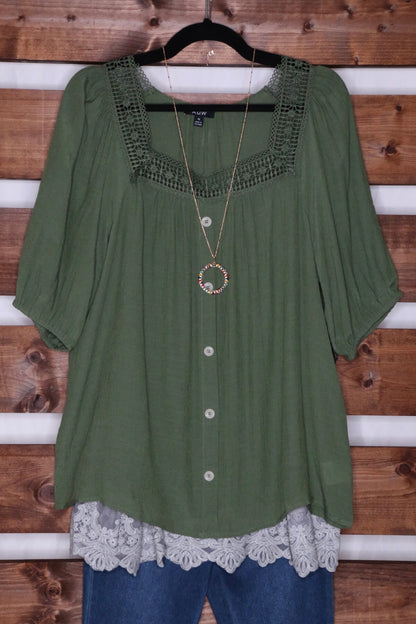 Jade Green Square Neck Peasant Blouse